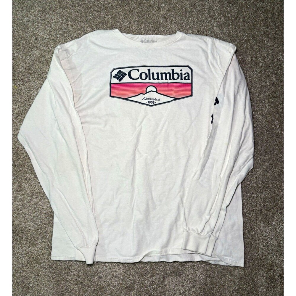 Columbia Logo Graphic Print Mens L White Cotton Knit Crew Neck Long Sleeve Tee